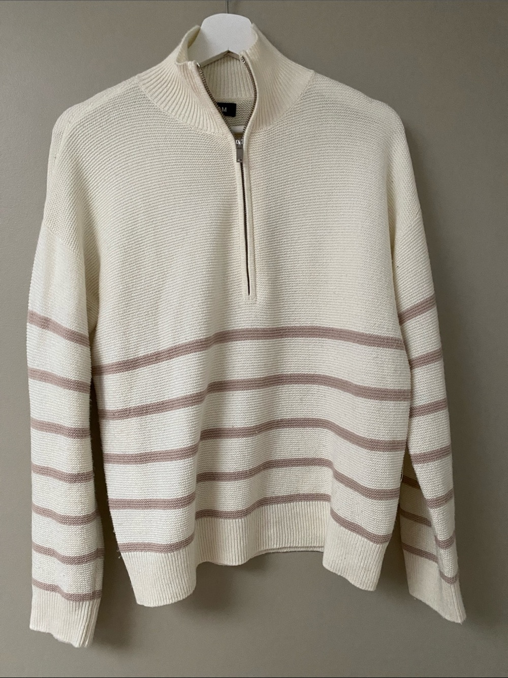 NADAAM Cream Half-Zip Sweater with tree tan Pink Stripes small